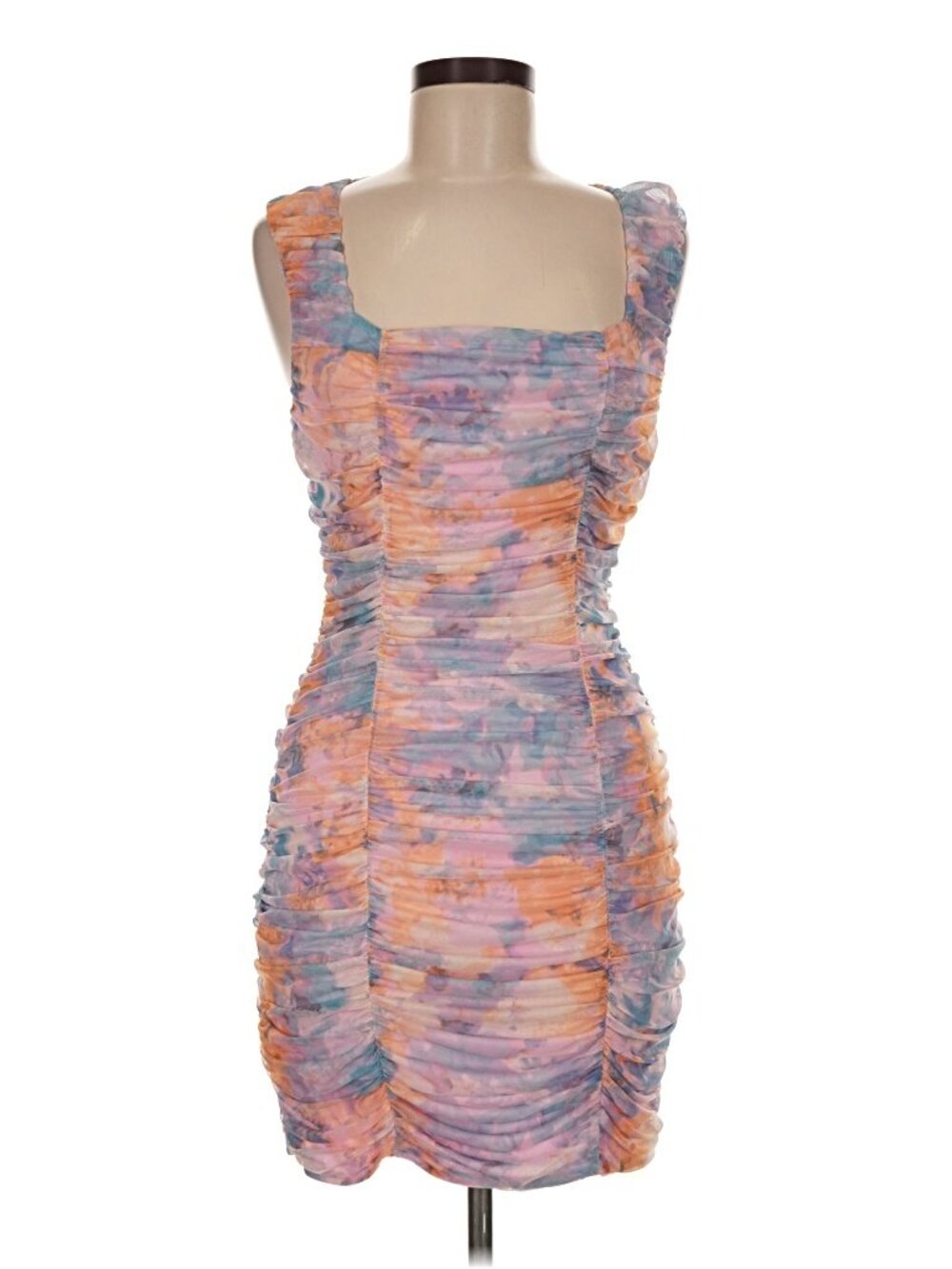 BCBG Generation Ruched Bodycon Mini Dress Pastel Watercolor Print | Size Medium